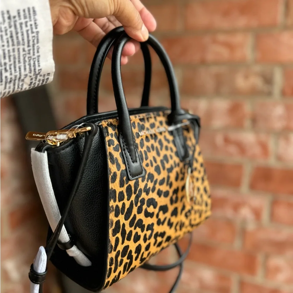 Michael Kors MINI Avril XS Cheetah Leather Satchel Crossbody Bag Black Multi